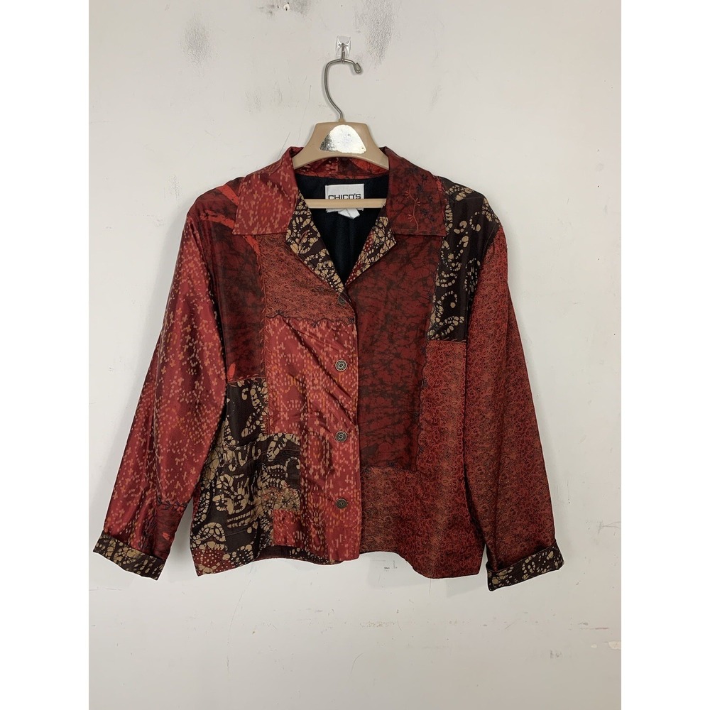 Chicos Womens Jacket Blazer 2 Red Fall Fairy Silk Patchwork Embroidered Boho